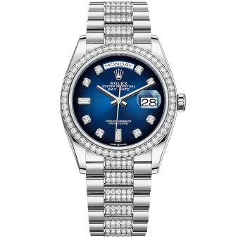 New Rolex Day-Date 36 128349RBR Wristwatch, Diamond-Set President Bracelet, Blue Ombré Diamond Dial, Diamond Bezel