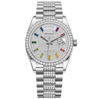 New Rolex Day-Date 36 128349RBR Wristwatch, President Bracelet, Diamond-Paved Dial with Rainbow-Colored Sapphires, Diamond Bezel