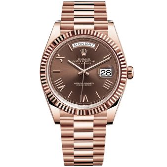 Rolex Day-Date 40 228235 Wristwatch, President Bracelet, Chocolate Roman Dial, Fluted Bezel