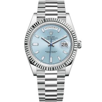 New Rolex Day-Date 40 228236 Wristwatch, President Bracelet, Ice Blue Diamond Dial, Fluted Bezel