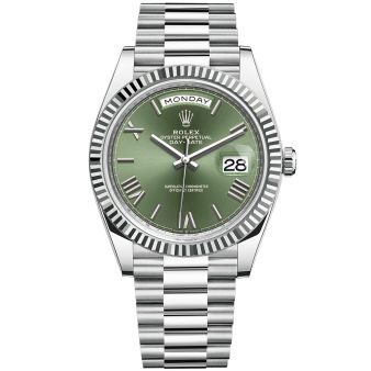 New Rolex Day-Date 40 228236 Wristwatch, President Bracelet, Olive Green Roman Dial, Fluted Bezel