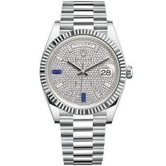 New Rolex Day-Date 40 228236 Wristwatch, President Bracelet, Diamond-Paved Dial, Fluted Bezel