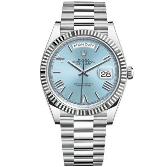 New Rolex Day-Date 40 228236 Wristwatch, President Bracelet, Ice-Blue Roman Dial, Fluted Bezel