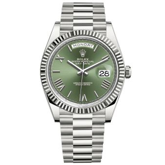 Rolex Day-Date 40 228239 Wristwatch, President Bracelet, Olive Green Roman Dial, Fluted Bezel