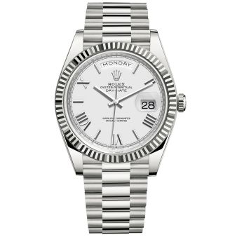 Rolex Day-Date 40 228239 Wristwatch, President Bracelet, White Roman Dial, Fluted Bezel