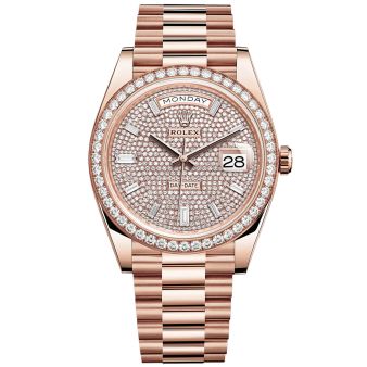 New Rolex Day-Date 40 228345RBR Wristwatch, President Bracelet, Diamond-Paved Dial, Diamond Bezel