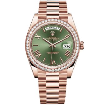 New Rolex Day-Date 40 228345RBR Wristwatch, President Bracelet, Olive Green Roman Dial, Diamond Bezel