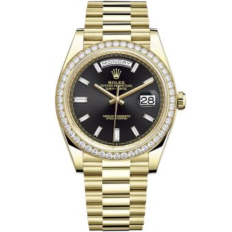 New Rolex Day-Date 40 228348RBR Wristwatch, President Bracelet, Bright Black Diamond Dial, Diamond Bezel