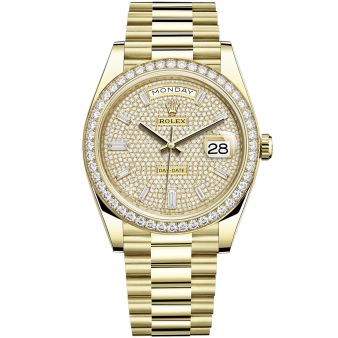 New Rolex Day-Date 40 228348RBR Wristwatch, President Bracelet, Diamond-Paved Dial, Diamond Bezel