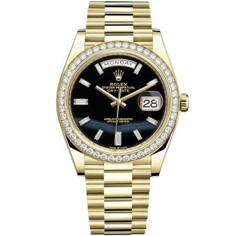 New Rolex Day-Date 40 228348RBR Wristwatch, President Bracelet, Onyx Diamond Dial, Diamond Bezel