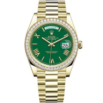 New Rolex Day-Date 40 228348RBR Wristwatch, President Bracelet, Green Roman Dial, Diamond Bezel