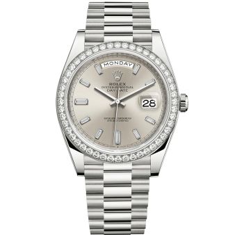 New Rolex Day-Date 40 228349RBR Wristwatch, President Bracelet, Silver Diamond Dial, Diamond Bezel