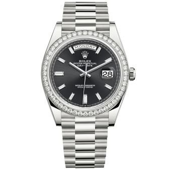 New Rolex Day-Date 40 228349RBR Wristwatch, President Bracelet, Bright Black Diamond Dial, Diamond Bezel