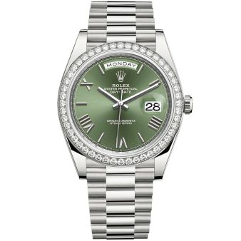 New Rolex Day-Date 40 228349RBR Wristwatch, President Bracelet, Olive Green Roman Dial, Diamond Bezel