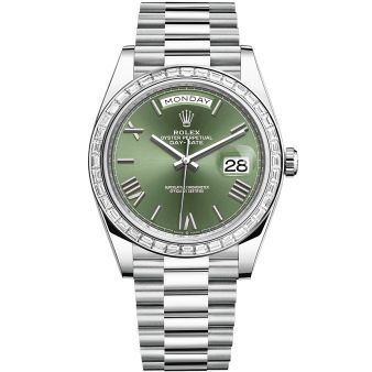 New Rolex Day-Date 40 228236 Wristwatch, President Bracelet, Olive Green Roman Dial, Fluted Bezel