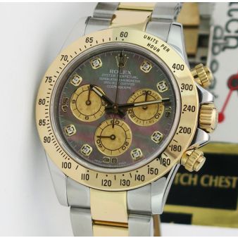 Rolex Cosmograph Daytona Gold & Steel Black Mother of Pearl Diamond 116523 Watch Chest