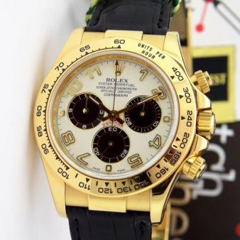 Rolex Cosmograph Daytona Yellow Gold White Panda Black Leather Strap 116518 Watch Chest
