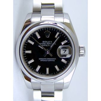 Rolex Lady Datejust Steel Black Bold Index Dial 179160 Rehaut Oyster Watch Chest