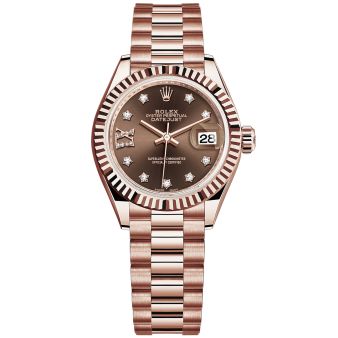 New Rolex Lady-Datejust 28 279175 Wristwatch, President Bracelet, Chocolate Diamond Dial, Fluted Bezel