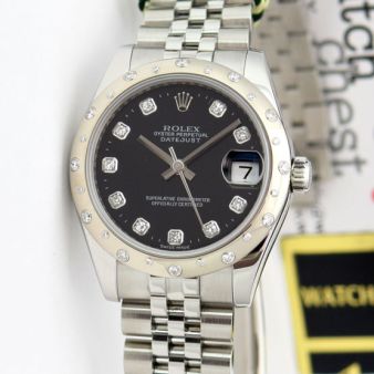 Rolex Datejust Stainless Steel Black Diamonds 178344 Watch Chest