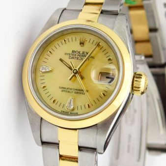 Rolex Lady Datejust Yellow Gold Steel Mother of Pearl Diamond Dial 69163 Oyster Watch Chest