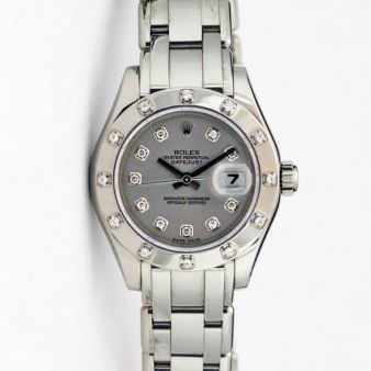 Rolex Lady Datejust Pearlmaster White Gold Silver Diamond Dial 80319 Rehaut Watch Chest