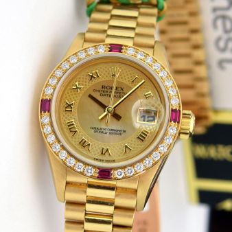 Rolex Lady Datejust President Yellow Gold Yellow Mother of Pearl Dial Ruby Bezel 69178 Watch Chest
