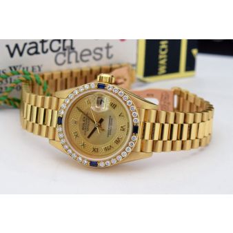 Rolex Lady Datejust President Yellow Gold Yellow Mother of Pearl Dial Sapphire Bezel 69178 Watch Chest