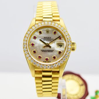 Rolex Lady Datejust Yellow Gold Mother of Pearl Ruby Dial Diamond Bezel 69138 President Watch Chest