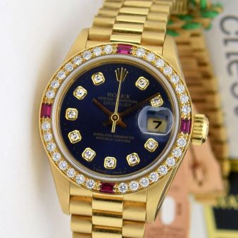 Rolex Lady Datejust President Yellow Gold Blue Diamond Dial Ruby Bezel 69178 Watch Chest