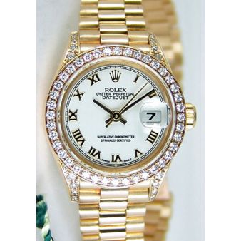 Rolex Lady Datejust President Yellow Gold White Roman Dial Diamond Lugs Crown Collection 69158 Watch Chest