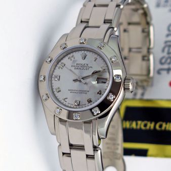 Rolex Lady Datejust White Gold Goldust Mother of Pearl Diamond Arabic Dial Bezel 80319 Rehaut Pearlmaster Watch Chest