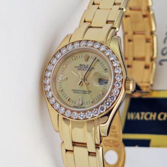 Rolex Lady Datejust Yellow Gold Canary Mother of Pearl Tear Drop Diamond 69298 Watch Chest