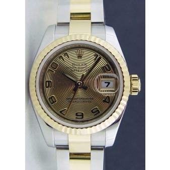 Rolex Lady Datejust Yellow Gold Steel Champagne Concentric Arabic Dial 179173 Rehaut Oyster Watch Chest