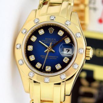 Rolex Datejust Pearlmaster Yellow Gold Blue Vignette Diamond Dial Bezel 80318 Rehaut Watch Chest