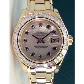 Rolex Lady Pearlmaster Mother of Pearl Sapphire Baguette Diamond Bezel 69308 Watch Chest