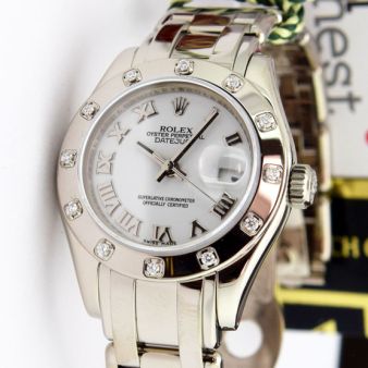 Rolex Datejust Pearlmaster White Gold White Bold Roman Dial Diamond Bezel 80319 Rehaut Watch Chest