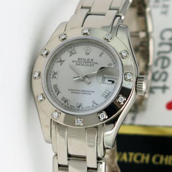 Rolex Datejust Pearlmaster White Gold Silver Roman Dial Diamond Bezel 80319 Watch Chest