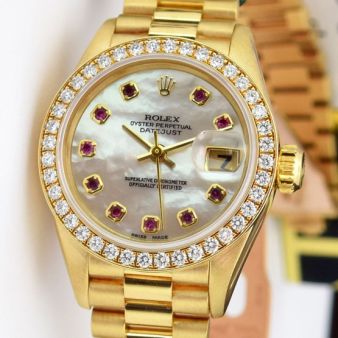 Rolex Lady President Mother of Pearl Ruby Diamond Bezel 69178 Watch Chest