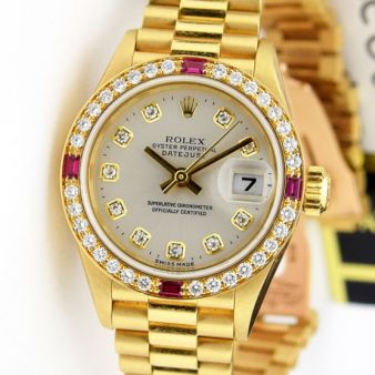 Rolex Lady Datejust President Yellow Gold Silver Diamond Dial Ruby Bezel 69138 Watch Chest