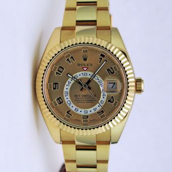 Rolex Sky Dweller Yellow Gold Champagne Sunray Arabic Dial 326938 Rehaut Oyster Watch Chest
