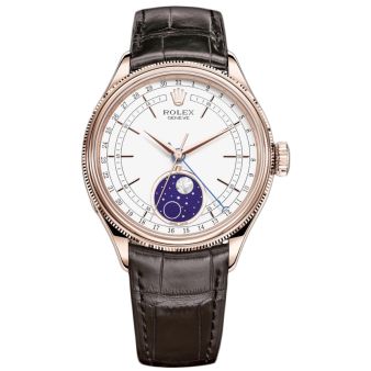 Rolex Cellini Moonphase 50535-0002, Leather bracelet, white dial showing the moon