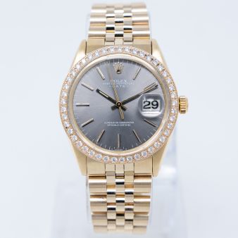 Rolex Date 34 1500 14kt Yellow Gold Wristwatch, Jubilee Bracelet, Gray Dial, Diamond Bezel
