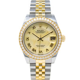 Rolex  Datejust 31 178383 Wristwatch, Jubilee Bracelet, Decorated Yellow Mother of Pearl Roman Dial, Diamond Bezel