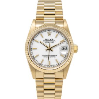 Rolex Datejust 31 68278 Wristwatch, President Bracelet, White Index Dial, Fluted Bezel