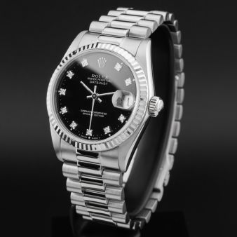 Rolex Datejust 31, 68279, White Gold, Aftermarket Black Diamond Dial, President Bracelet, Renewed
