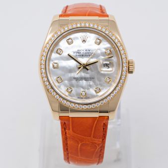 Rolex Datejust 36 116188 Wristwatch, Mother of Pearl Diamond, Orange Leather Strap, Diamond Bezel