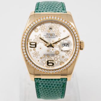 Rolex Datejust 36 116188 Wristwatch, Silver Floral Arabic Dial, Green Leather Strap, Diamond Bezel