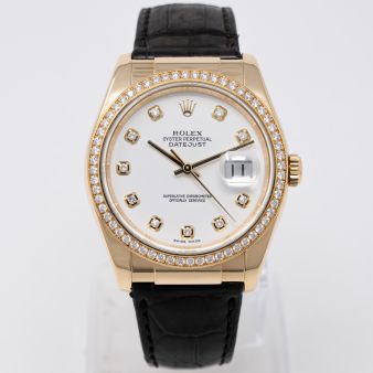 Rolex Datejust 36 116188 Wristwatch, White Diamond Dial, Diamond Bezel, Black Leather Strap
