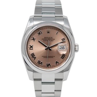 Rolex Datejust 36 116200 Wristwatch, Oyster Bracelet, Rose Roman Dial, Smooth Bezel